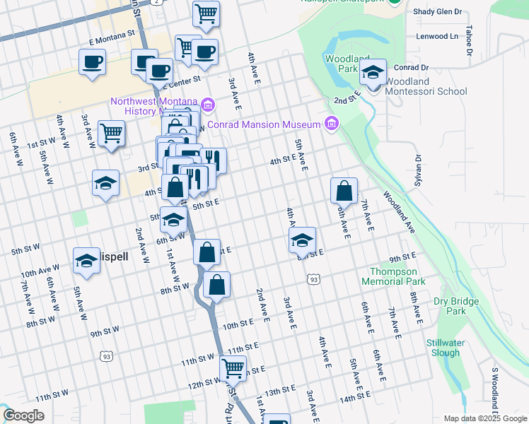 map of restaurants, bars, coffee shops, grocery stores, and more near 230 6th Street East in Kalispell