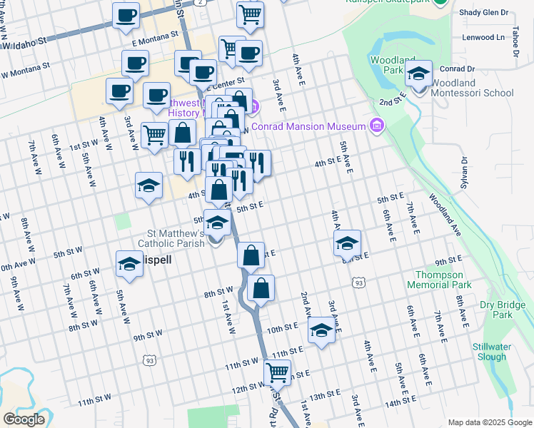 map of restaurants, bars, coffee shops, grocery stores, and more near 528 1st Avenue East in Kalispell