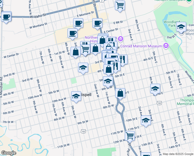 map of restaurants, bars, coffee shops, grocery stores, and more near 145 5th Street West in Kalispell
