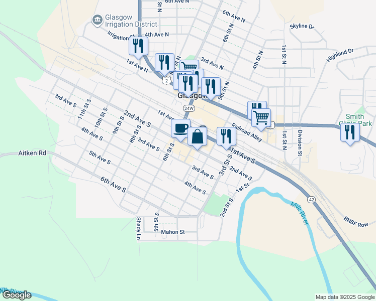 map of restaurants, bars, coffee shops, grocery stores, and more near 208 5th Street South in Glasgow