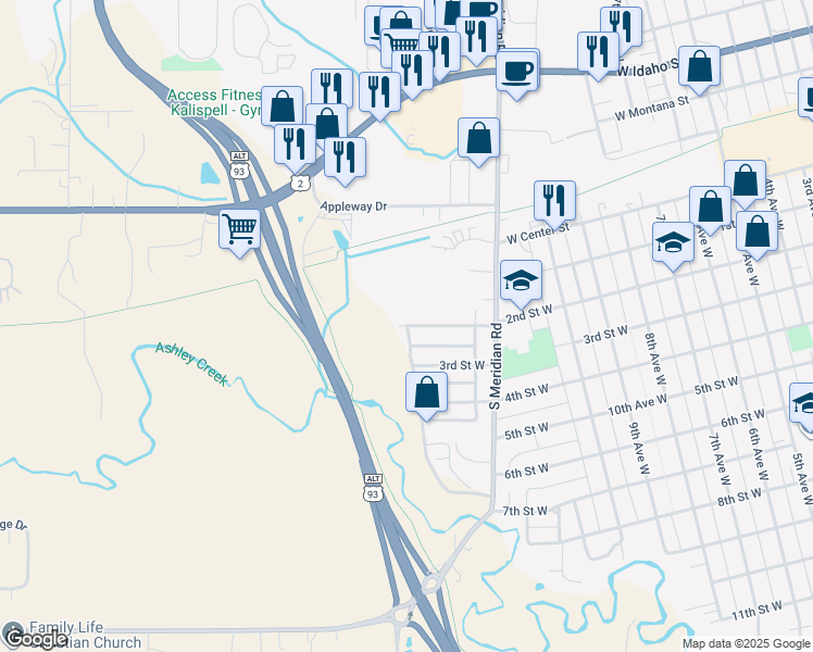 map of restaurants, bars, coffee shops, grocery stores, and more near 2158 2nd Street West in Kalispell