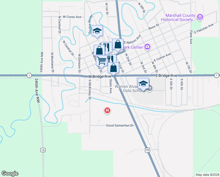 map of restaurants, bars, coffee shops, grocery stores, and more near 204 Nansen Street in Radium