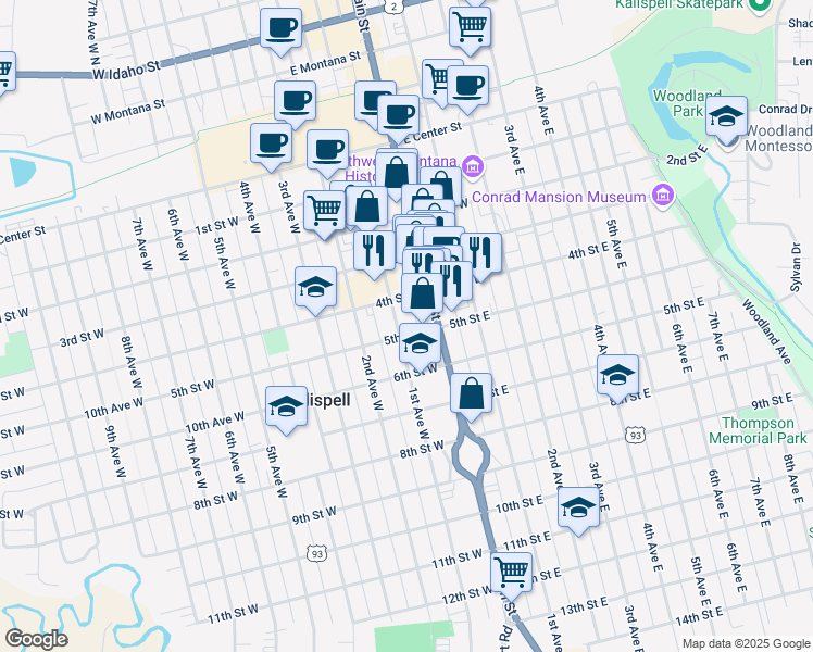 map of restaurants, bars, coffee shops, grocery stores, and more near 506 1st Avenue West in Kalispell