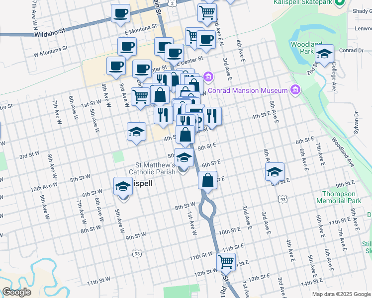 map of restaurants, bars, coffee shops, grocery stores, and more near 445 South Main Street in Kalispell