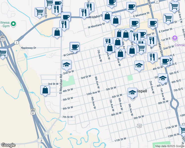 map of restaurants, bars, coffee shops, grocery stores, and more near 246 8th Avenue West in Kalispell