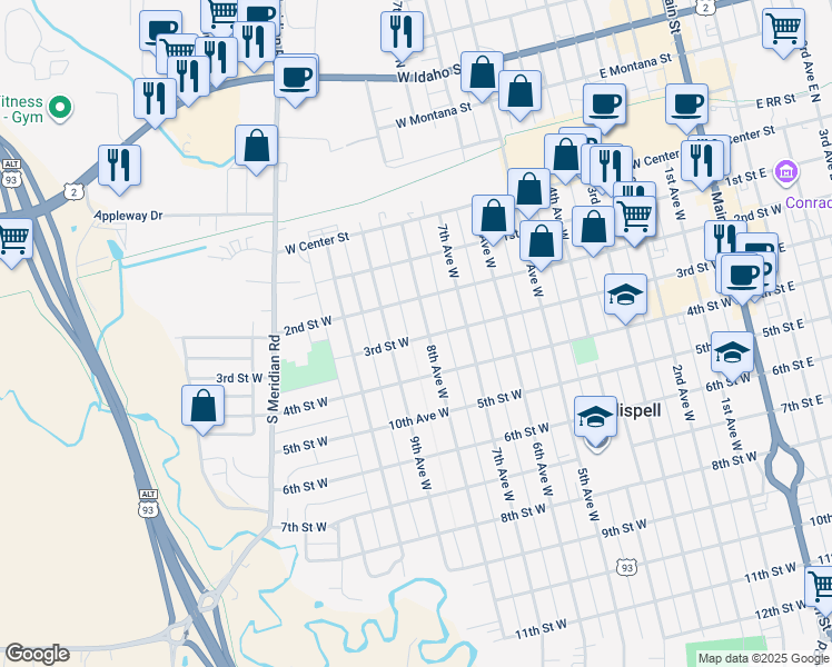 map of restaurants, bars, coffee shops, grocery stores, and more near 246 8th Avenue West in Kalispell