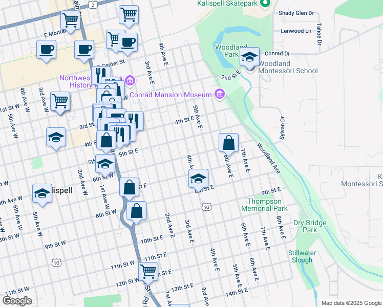 map of restaurants, bars, coffee shops, grocery stores, and more near 612 4th Avenue East in Kalispell