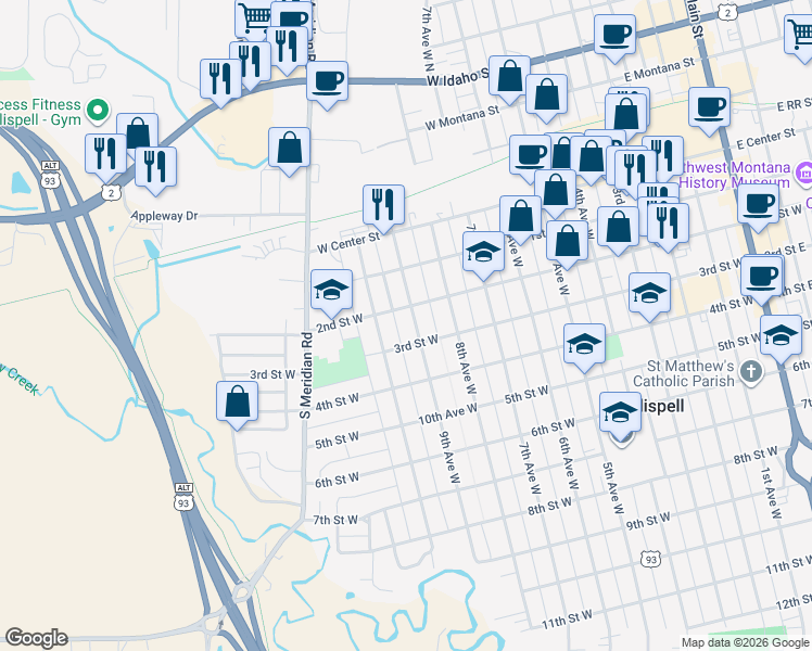 map of restaurants, bars, coffee shops, grocery stores, and more near 247 10th Avenue West in Kalispell