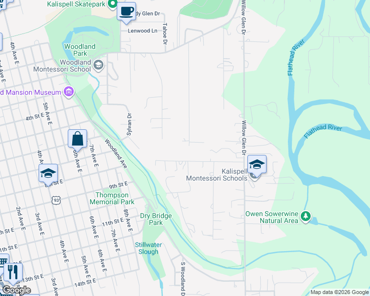 map of restaurants, bars, coffee shops, grocery stores, and more near 611-675 Concord Lane in Kalispell