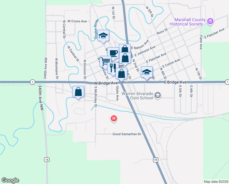 map of restaurants, bars, coffee shops, grocery stores, and more near 204 Nansen Street in Radium