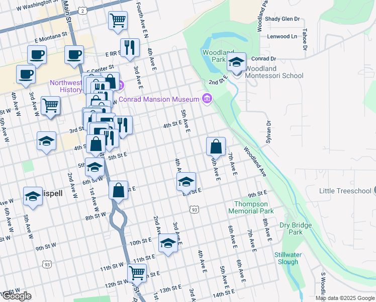 map of restaurants, bars, coffee shops, grocery stores, and more near 538 5th Avenue East in Kalispell