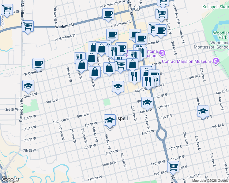 map of restaurants, bars, coffee shops, grocery stores, and more near 347 3rd Street West in Kalispell
