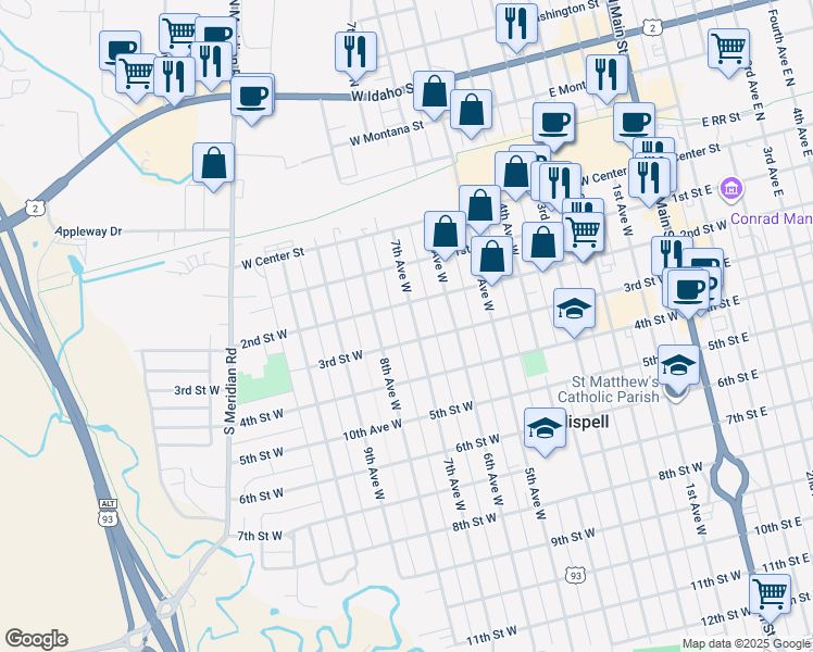 map of restaurants, bars, coffee shops, grocery stores, and more near 725 2nd Street West in Kalispell