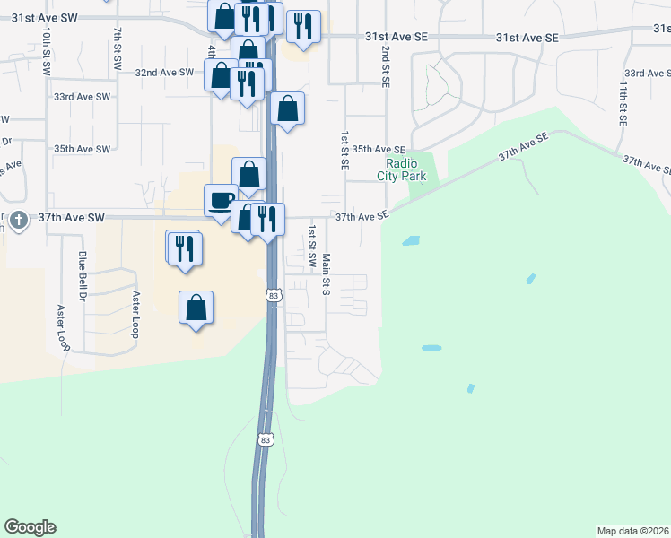 map of restaurants, bars, coffee shops, grocery stores, and more near 3819 Main Street South in Minot