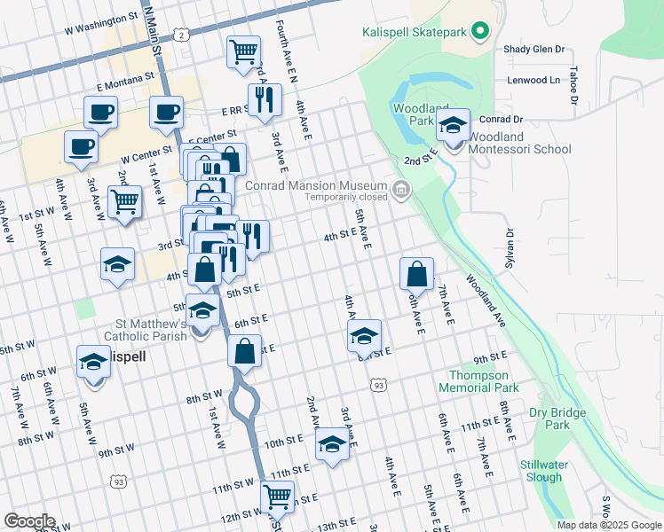map of restaurants, bars, coffee shops, grocery stores, and more near 445 4th Avenue East in Kalispell
