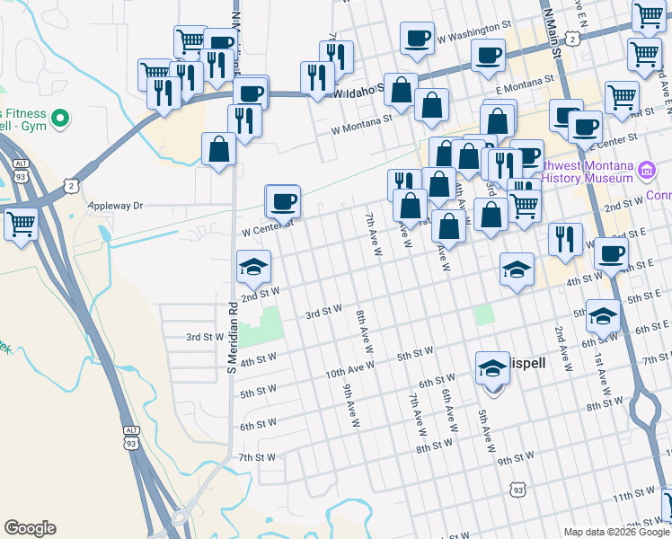 map of restaurants, bars, coffee shops, grocery stores, and more near 823 2nd Street West in Kalispell