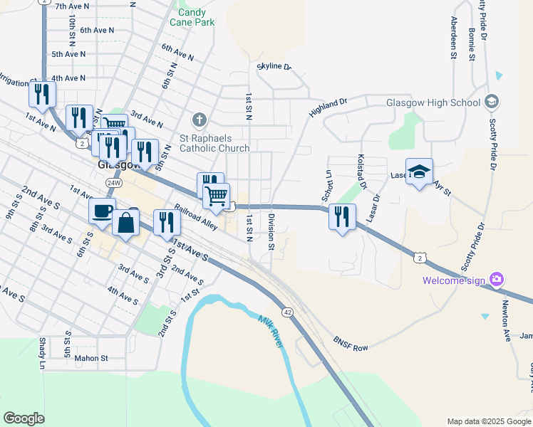 map of restaurants, bars, coffee shops, grocery stores, and more near 35 Division Street in Glasgow