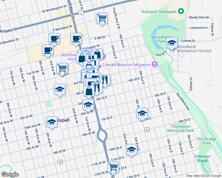 map of restaurants, bars, coffee shops, grocery stores, and more near 411 2nd Avenue East in Kalispell