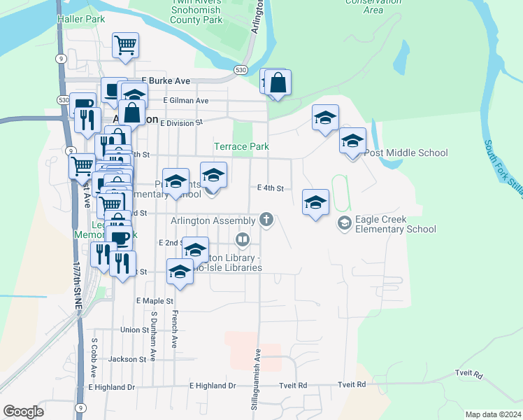 map of restaurants, bars, coffee shops, grocery stores, and more near 301 North Stillaguamish Avenue in Arlington