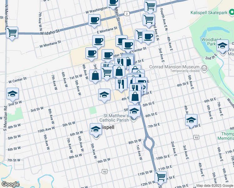 map of restaurants, bars, coffee shops, grocery stores, and more near 313 2nd Avenue West in Kalispell