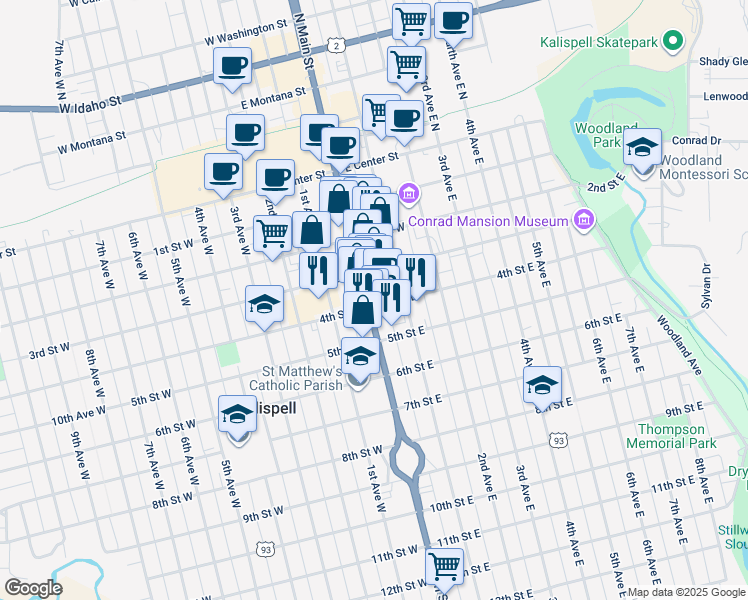map of restaurants, bars, coffee shops, grocery stores, and more near 343 South Main Street in Kalispell