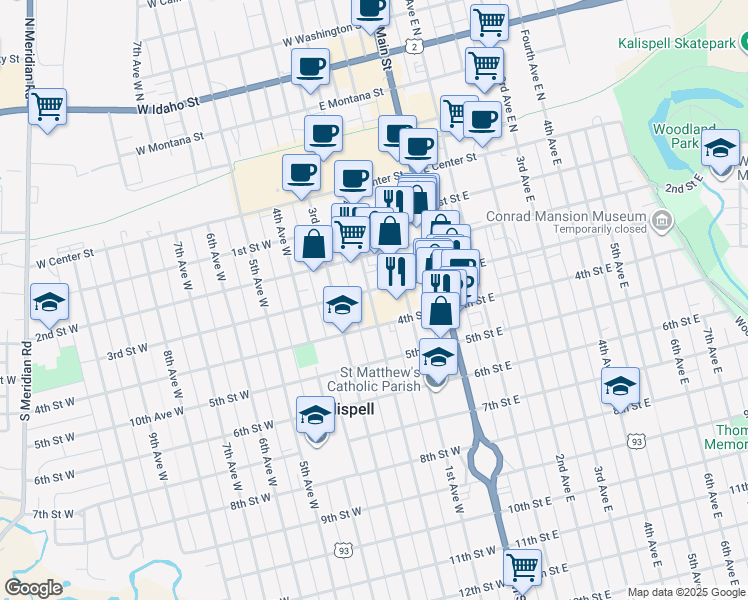map of restaurants, bars, coffee shops, grocery stores, and more near 313 2nd Avenue West in Kalispell