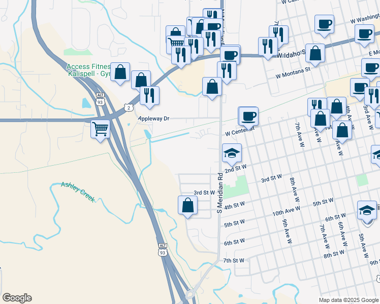 map of restaurants, bars, coffee shops, grocery stores, and more near 33 Meridian Court in Kalispell