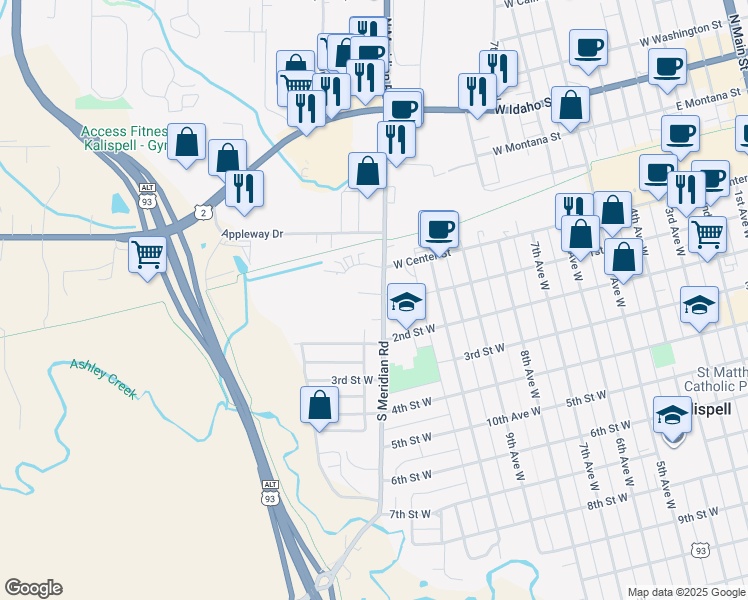 map of restaurants, bars, coffee shops, grocery stores, and more near 14 South Meridian Road in Kalispell