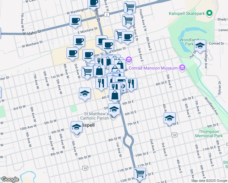 map of restaurants, bars, coffee shops, grocery stores, and more near 343 1st Ave W in Kalispell