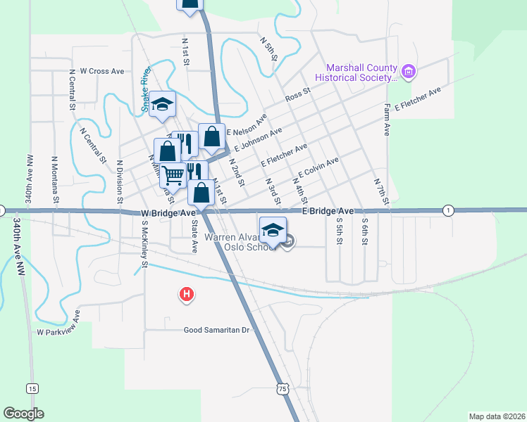 map of restaurants, bars, coffee shops, grocery stores, and more near 224 East Bridge Avenue in Warren