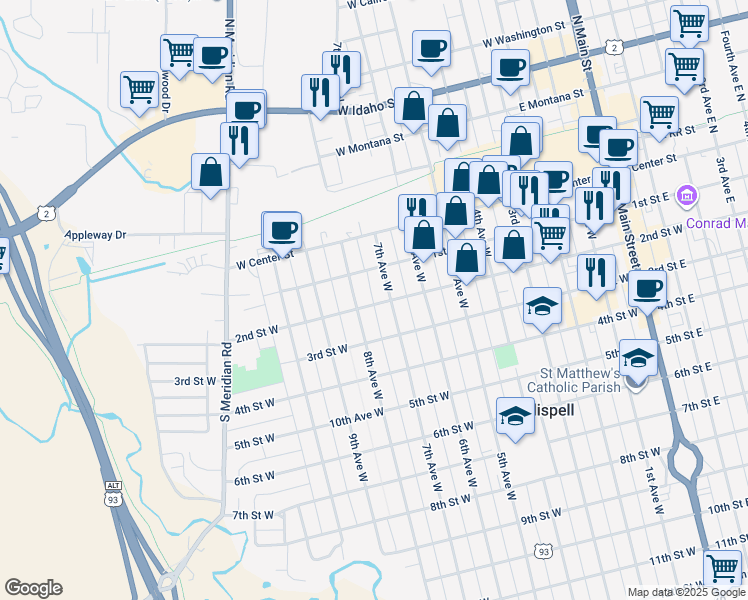 map of restaurants, bars, coffee shops, grocery stores, and more near 725 2nd Street West in Kalispell