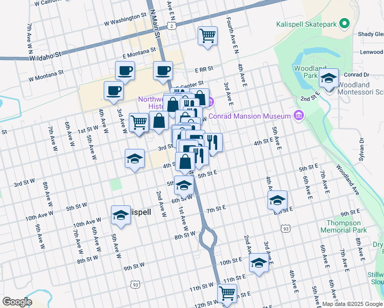map of restaurants, bars, coffee shops, grocery stores, and more near 343 South Main Street in Kalispell