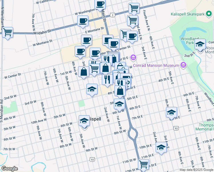 map of restaurants, bars, coffee shops, grocery stores, and more near 313 2nd Avenue West in Kalispell