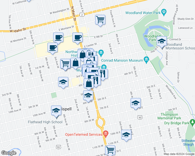 map of restaurants, bars, coffee shops, grocery stores, and more near 336 1st Ave E in Kalispell