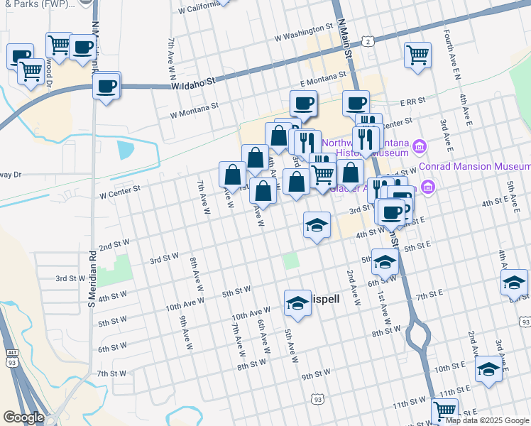 map of restaurants, bars, coffee shops, grocery stores, and more near 203 5th Avenue West in Kalispell
