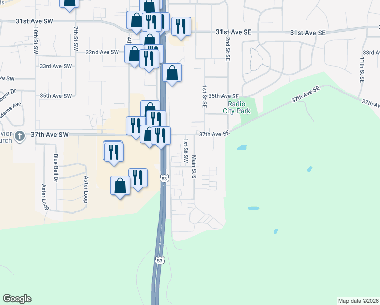 map of restaurants, bars, coffee shops, grocery stores, and more near 3819 Main Street South in Minot