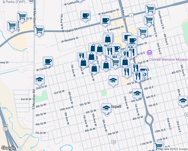 map of restaurants, bars, coffee shops, grocery stores, and more near 203 5th Avenue West in Kalispell