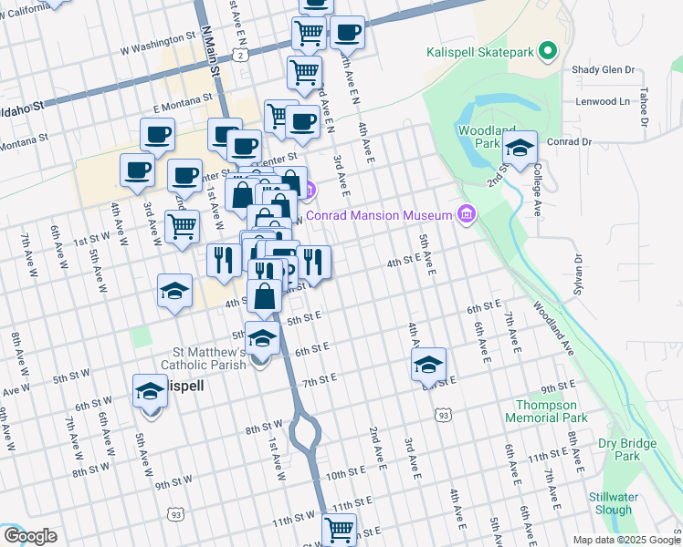 map of restaurants, bars, coffee shops, grocery stores, and more near 411 2nd Avenue East in Kalispell