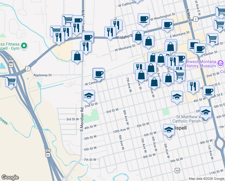 map of restaurants, bars, coffee shops, grocery stores, and more near 823 2nd Street West in Kalispell