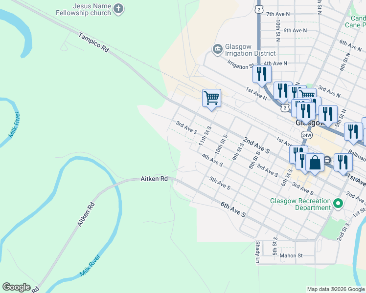 map of restaurants, bars, coffee shops, grocery stores, and more near 1100 4th Avenue South in Glasgow