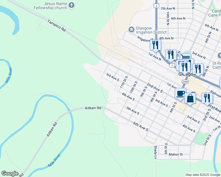 map of restaurants, bars, coffee shops, grocery stores, and more near 1100 4th Avenue South in Glasgow