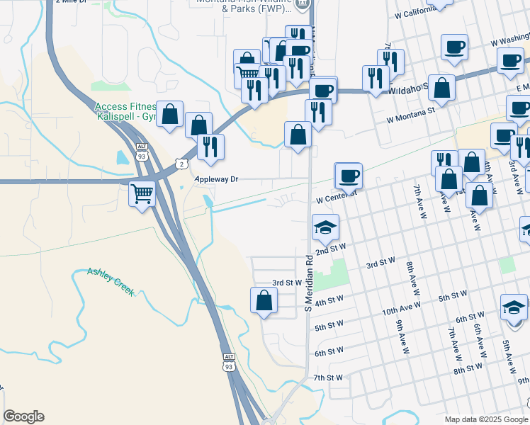 map of restaurants, bars, coffee shops, grocery stores, and more near 33 Meridian Court in Kalispell