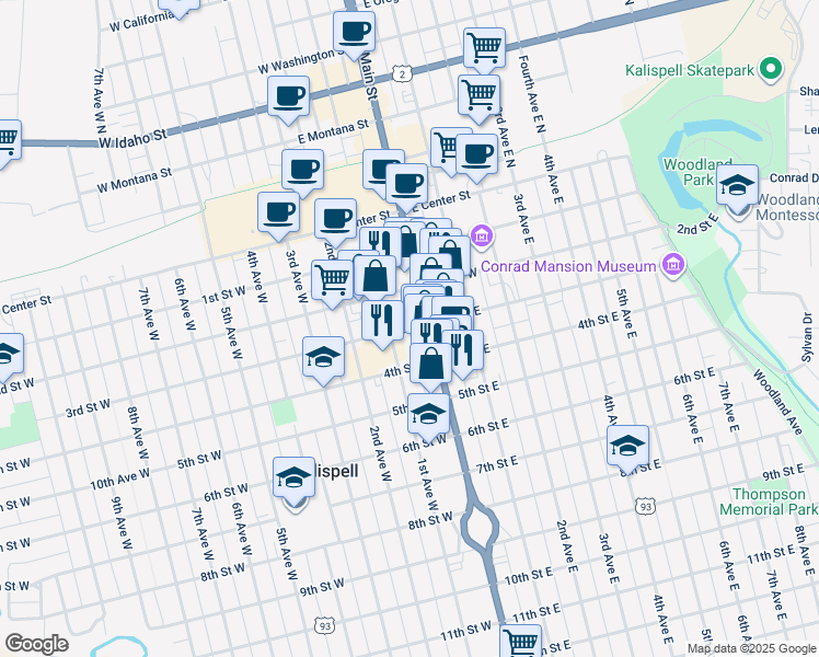 map of restaurants, bars, coffee shops, grocery stores, and more near 343 1st Ave W in Kalispell
