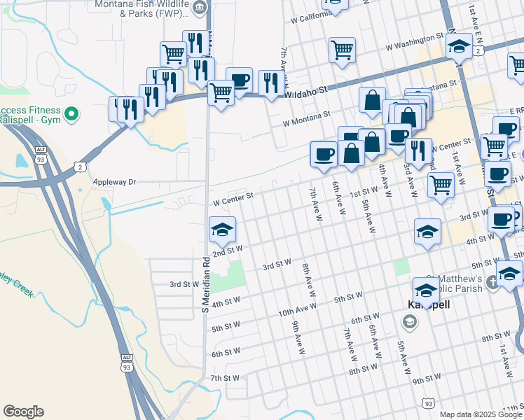 map of restaurants, bars, coffee shops, grocery stores, and more near 2 9th Ave W in Kalispell