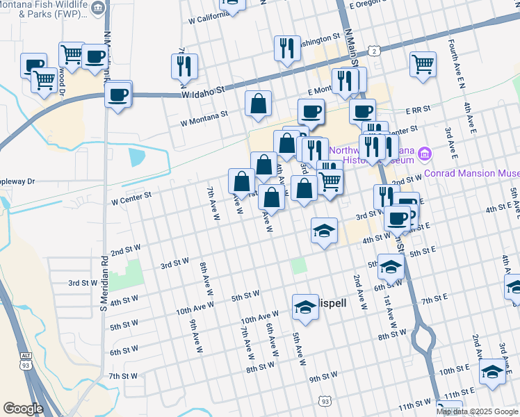 map of restaurants, bars, coffee shops, grocery stores, and more near 136 5th Avenue West in Kalispell