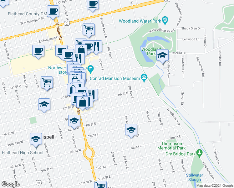 map of restaurants, bars, coffee shops, grocery stores, and more near 305 3rd Avenue East in Kalispell