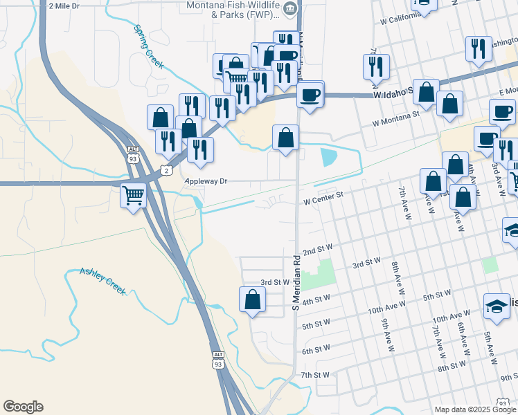 map of restaurants, bars, coffee shops, grocery stores, and more near 21 Appleway Drive in Kalispell