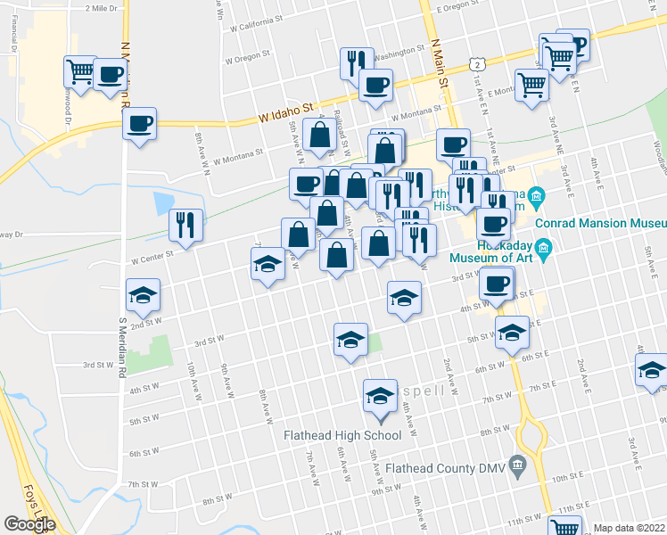 map of restaurants, bars, coffee shops, grocery stores, and more near 441 2nd Street West in Kalispell