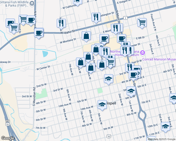 map of restaurants, bars, coffee shops, grocery stores, and more near 136 5th Avenue West in Kalispell
