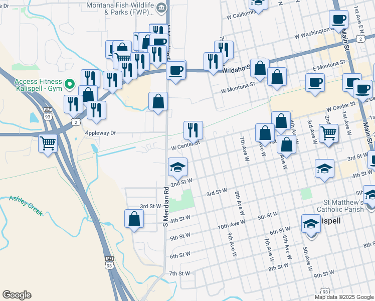map of restaurants, bars, coffee shops, grocery stores, and more near 1025 West Center Street in Kalispell